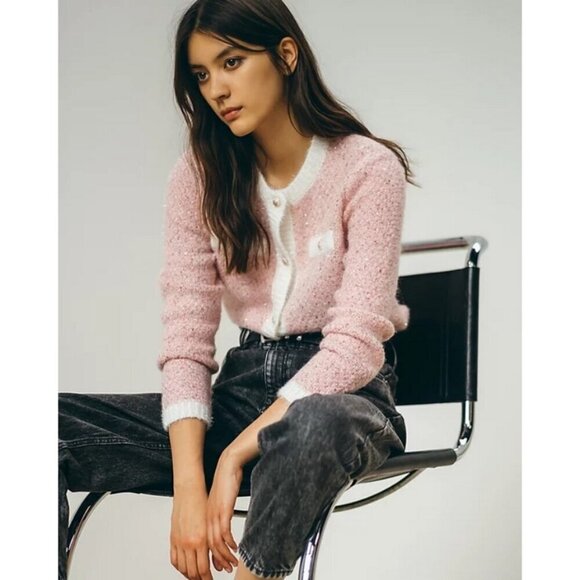 💕MAJE💕 Mission Sequin Embellished Stretch Knit Cardigan ~ Pale Pink - Picture 1 of 16